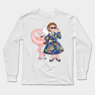 Stylist girl posed with pink flamingo and cat pet Long Sleeve T-Shirt